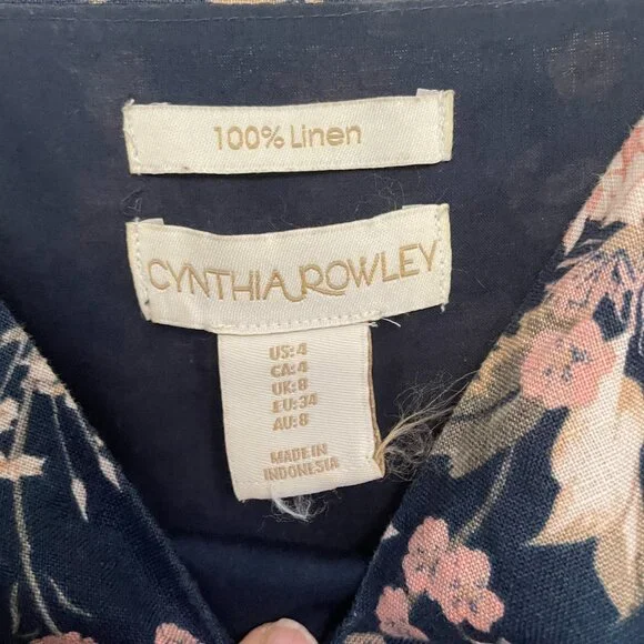 Cynthia Rowley Navy Floral Linen Dress Size 4 - Picture 3 of 6